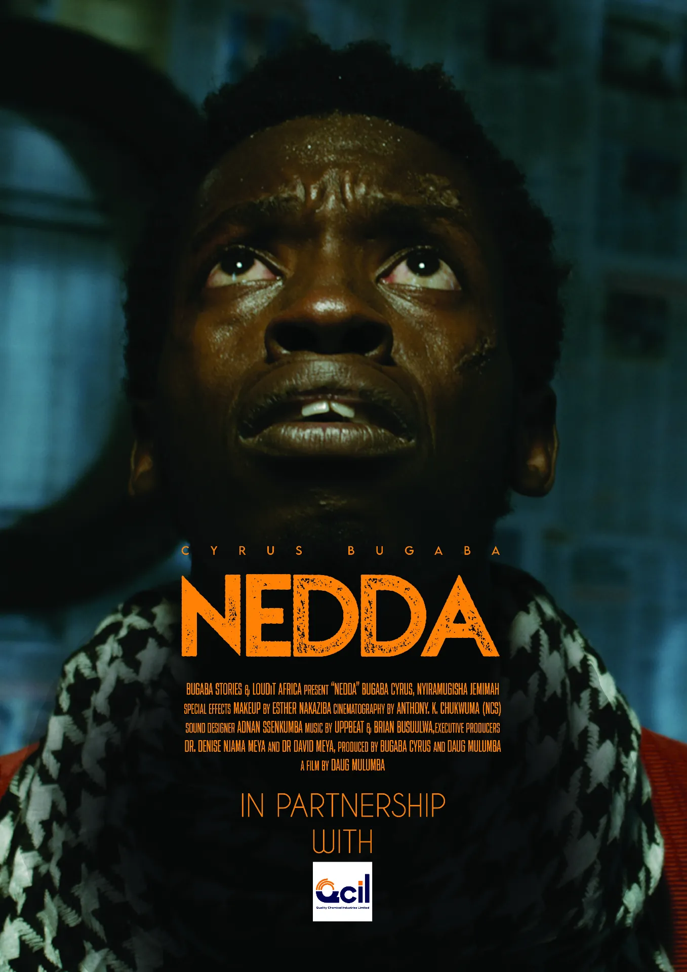 NEDDA film poster - Bugaba Cyrus Clinton Clive Cranmer Kisuule Kibirige looking upward in dramatic lighting